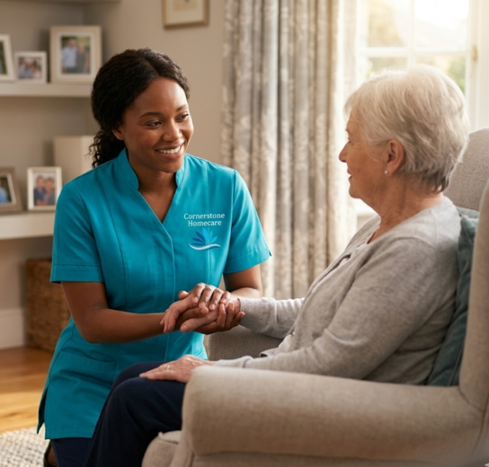 Cornerstone Homecare carer in teal uniform with elderly client in Aylesbury
