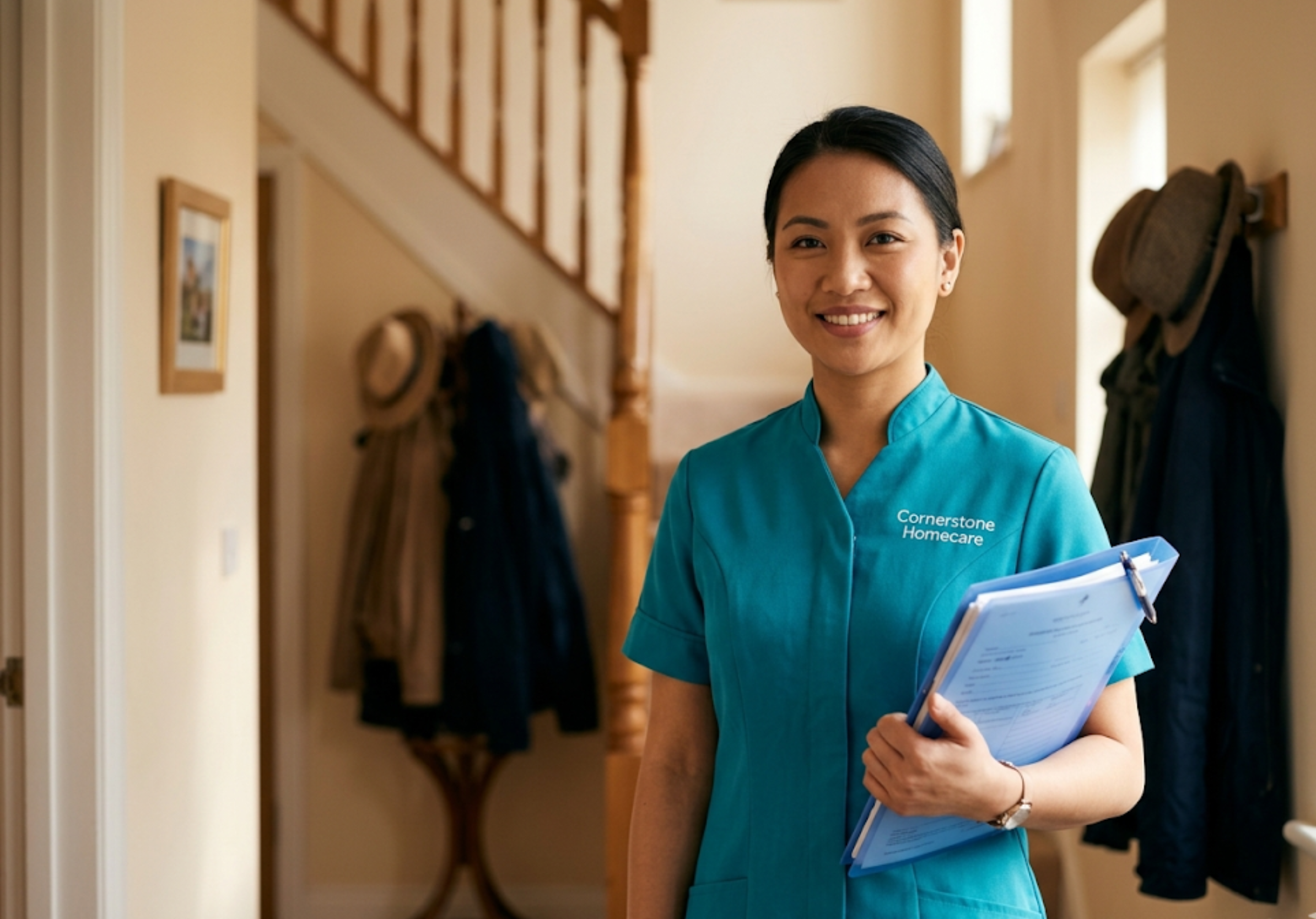 East Asian female carer in Cornerstone Homecare teal uniform holding a care folder