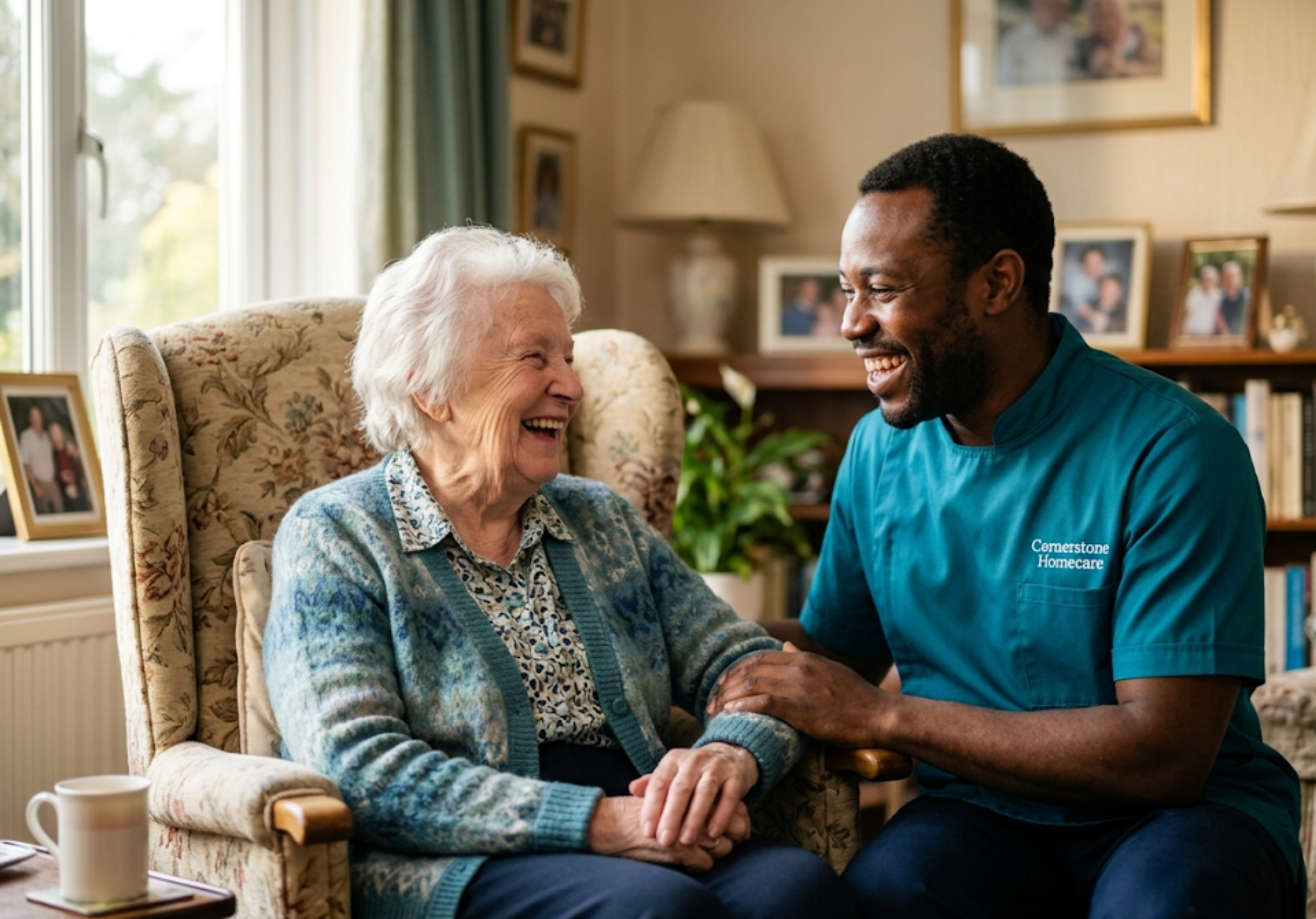 African male carer in Cornerstone Homecare teal uniform sharing a warm moment with an elderly client