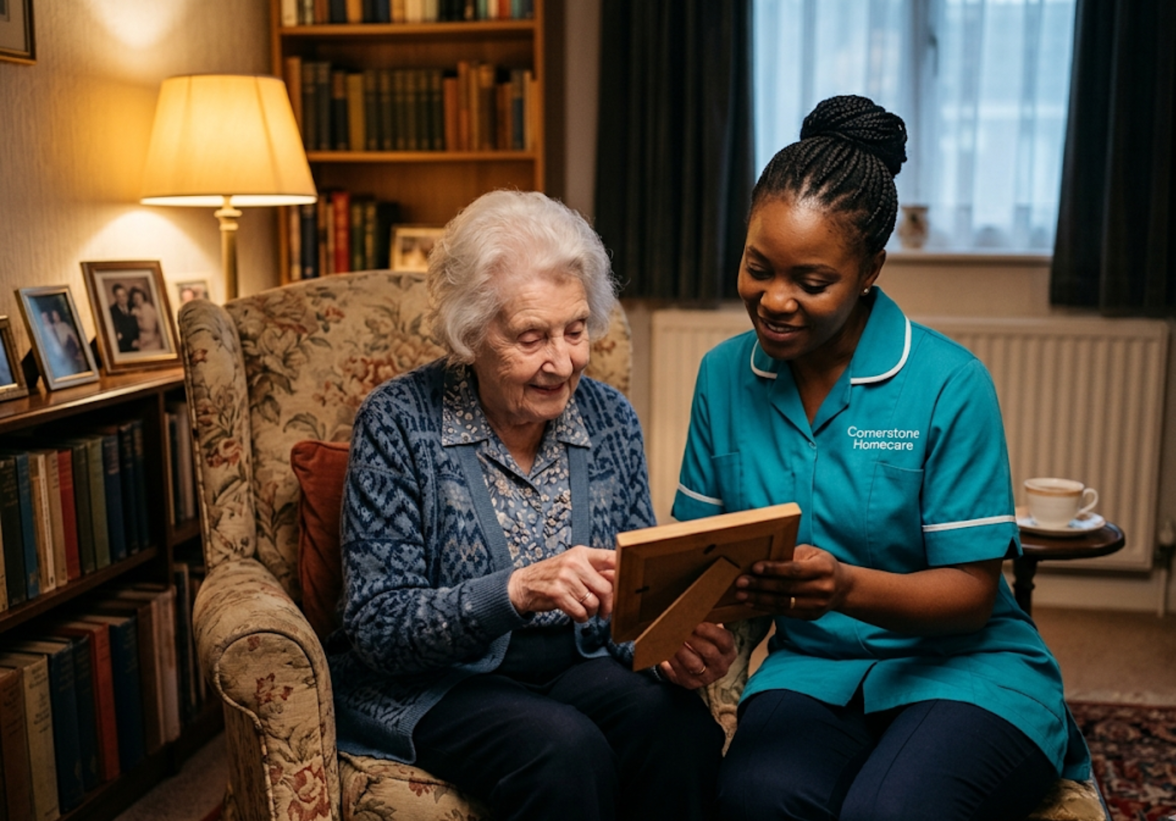 African female carer in Cornerstone Homecare teal uniform providing specialist dementia care support at home in Aylesbury