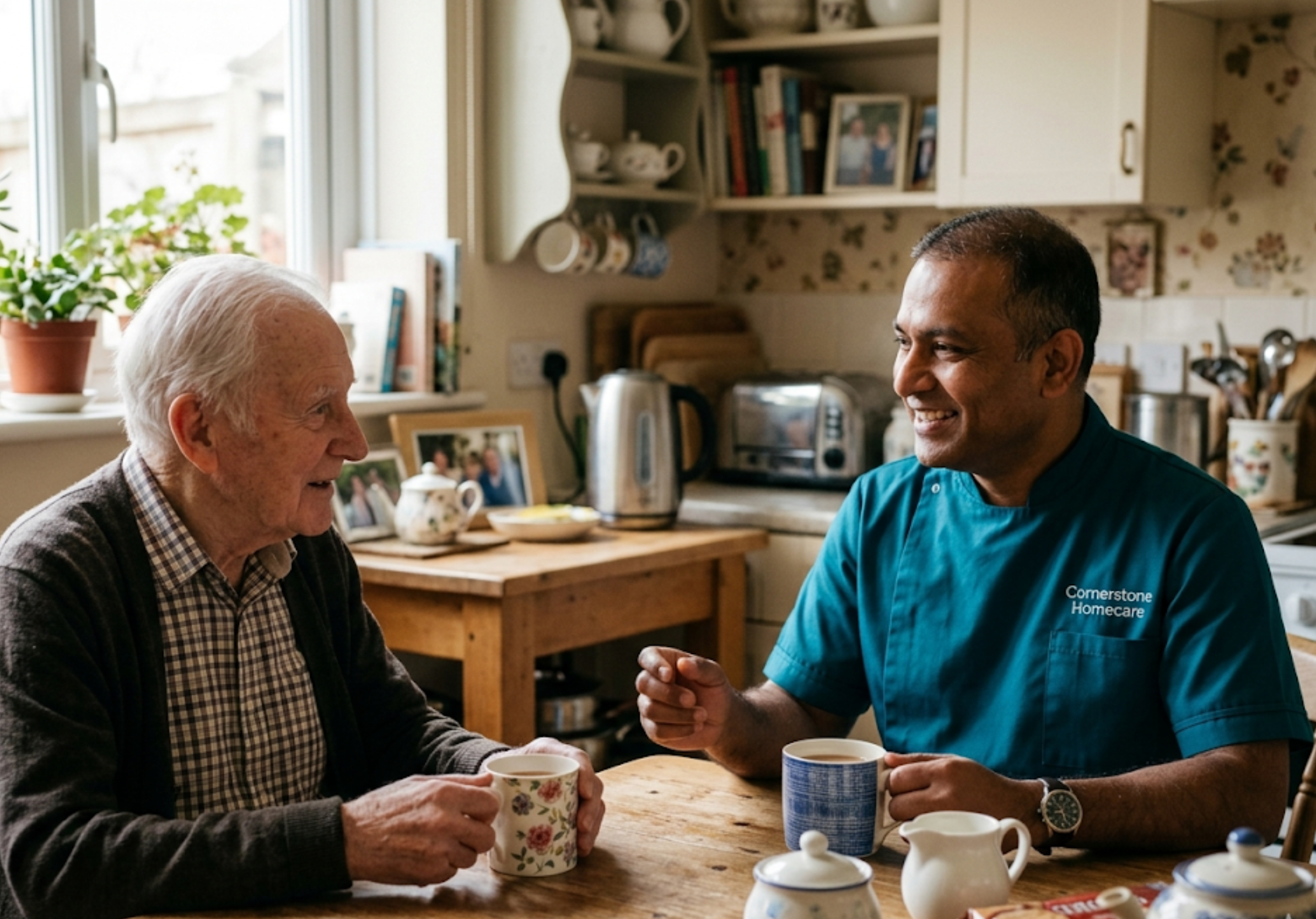 South Asian male carer in Cornerstone Homecare teal uniform sharing tea with an elderly client at home in Aylesbury